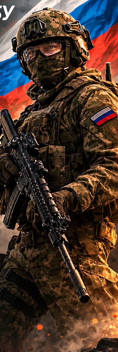 Военнослужащий на фоне флага России