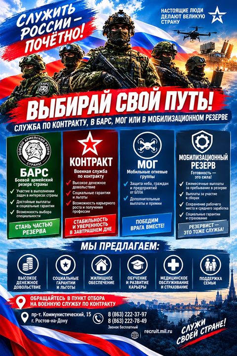 Агитационный плакат «Выбирай свой путь!»: служба по контракту, в БАРС, МОГ или в мобилизационном резерве
